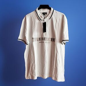 True Religion Shirt Polo Men’s Size 2XL  White Black Silver Raised Lettering NEW